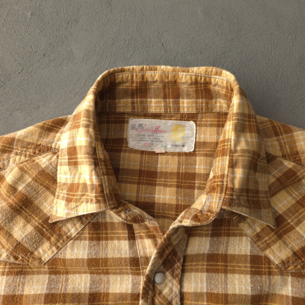 Vintage 70s Golden Horse Brown Plaid Western Pearl Snap Shirt Large - Picture 3 of 10